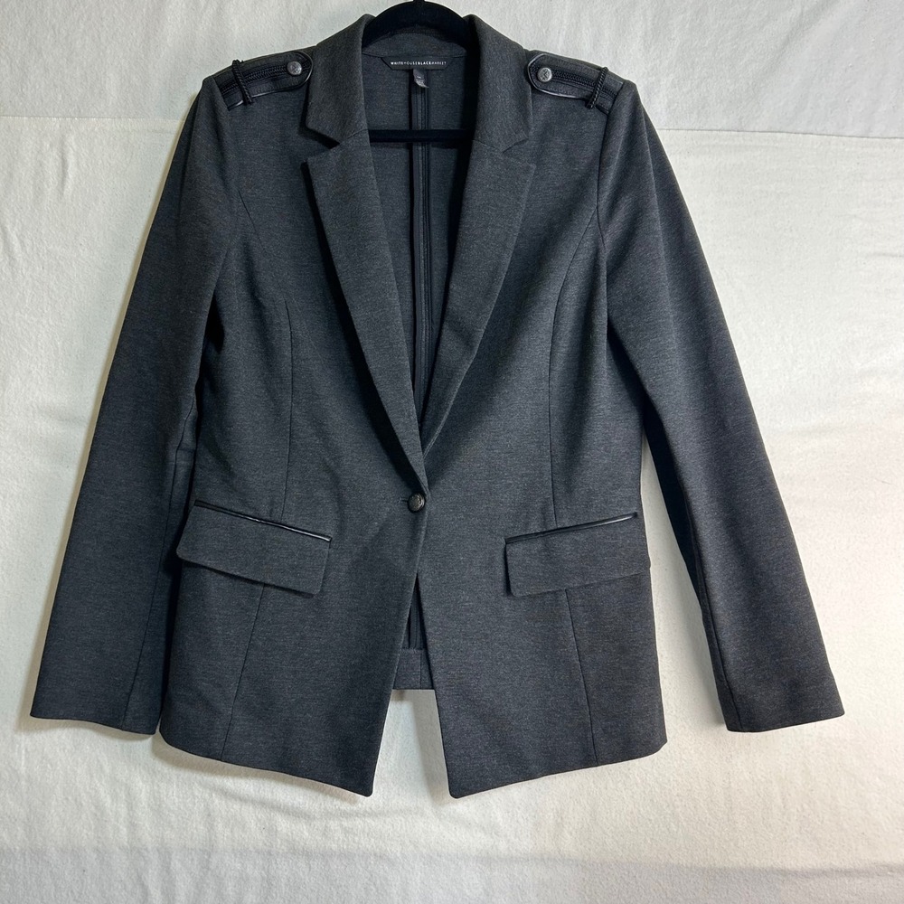 White House Black Market Dark Gray Blazer Jacket‎ Faux Leather Trim Size 14